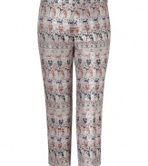 Channel the sophisticated style of Jackie O in these chic cropped brocade pants from Jil Sander Navy - Flat front, three-quarter length, all-over brocade print, concealed side zip closure - Style with a tie-neck blouse and peep-toe pumps