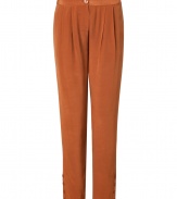 Inject a note of rich color into your favorite daytime staples with Antik Batiks rust silk pants, tailored to perfection for all-season sophistication - Button closure, side slit pockets, pleated front, buttoned ankles - Pair with breezy tops and blazers