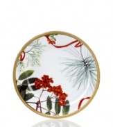 A new holiday classic, the Holly Berry salad plates feature filigree-patterned gold and beautiful Christmas botanicals in elegant white porcelain. Complements Grand Buffet Classic Gold and Red Rim dinnerware.