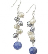 Cool, calm and collected. These serene earrings feature dyed-blue agate (9 ct. t.w.) and cultured freshwater pearls (6-7 mm). Set in sterling silver. Approximate drop: 2 inches.