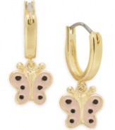 Just wing it! Lily Nily's children's drop hoop earrings feature a pink and black polka-dot enamel butterfly set in 18k gold over sterling silver. Item comes packaged in a signature Lily Nily Gift Box. Approximate drop: 3/4 inch. Approximate width: 3/8 inch.