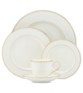 A classic pattern makes a comeback in the Federal Gold place setting from Lenox. Bands of shimmering 24-karat gold replace traditional platinum in bone china that radiates grace and luxury. A timeless choice, perfect for every occasion.