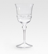 Old-world style and elegant details define this utterly charming goblet, handmade and mouthblown with dimensional detail in fine glass. From the Isabella Collection Handmade 12-oz. capacity 8½ high Dishwasher safe Imported 