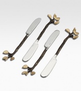 A set of artisan-crafted spreaders that capture the beauty of the mulberry tree, handmade with a fanciful brass-branch handles, hand-antiqued and finished with goldplated leaves. From the Mullbrae CollectionSet of 4Stainless steel serverBrass-branch handles with 24k goldplated leavesEach: 5 longHand washImported