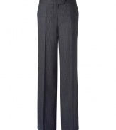 Luxurious trousers in dark grey wool stretch - Fine pin stripes - New elegant silhouette with straight legs and figure-flattering creases - Moderately high rise - A classic AND fashionable look that works great for the office, leisure and evening - Looks mature, serious and dressed up - A basic piece to wear with blouses, tops, cardigans