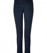 Stylish pant in fine, dark grey-blue cotton stretch blend - Traditional slim-leg, chino cut - New 7/8 length crops at ankles - Medium low rise - Belt loops and single button closure - Pockets at sides and welt pockets at rear - Classically cool and comfortably chic, ideal for both work and leisure - Pair with a silk top, blazer and pumps, or go for a more casual look with a t-shirt, cardigan and ballet flats