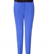 Stylish pants in fine, pure royal blue silk - Soft, ultra-lightweight fabric has an elegant matte sheen - On-trend slim silhouette crops at ankles - Crease detail from hip to hem flatters and elongates the leg - Slash pockets at sides, welt pockets at rear - Contrast decorative banded waist with belt loops - Polished and chic, great for work or play - Pair with an oversize t-shirt and cardigan or billowy blouse