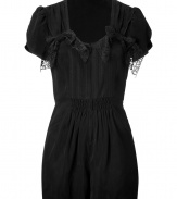 Add a stylish impact to your cocktail party look with this adorable jumpsuit from Anna Sui - Rounded neckline with lace bow details, puffed short sleeves, shirred waist, mini length, off-seam pockets, front zip closure - Style with peep-toe platforms and a statement clutch