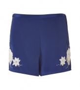 Feminine shorts in pure blue silk - Soft lace-like embroidered floral details add interest - Side zip and single button closure - Two small pockets at back - Flat front and straight cut creates a relaxed, chic silhouette - Pair with wedged heels, a soft blouse in a trendy pastel color, and chunky gold jewelry