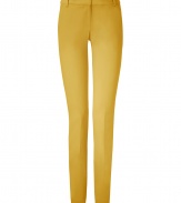 Stylish pants in fine, viscose and synthetic fiber blend - Especially comfortable, thanks to a touch of stretch - Vibrant and on-trend in bright yellow - Lower rise, slim cigarette cut crops at ankles - Tab waist, belt loops and slash pockets at sides - Crease detail flatters and elongates the leg - Versatile and ultra-chic, seamlessly transitions from work to weekend - Pair with a silk blouse, blazer and peep toe pumps, or go for a more casual look with a tunic top and flat sandals