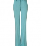 Stylish pants in fine ice-blue stretch cotton - Short waist with belt loops, side pockets and leg-lengthening creases - Straight cut - Summer color is serious but fresh - Pair with silk blouse, matching blazer and heels for the office or summer business dinner