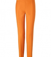 Channel chic 1960s-inspired style with these classic wool pants from Moschino C&C - Flat front, straight leg with creasing, exposed side zip closure - Wear with a cowl neck sweater, platform heels, and an oversized tote