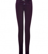 Embrace the seasons go-to fabric with these ultra-chic, dark purple velvet pants from Closed - Classic five-pocket style in a low rise, curve-hugging cut - Belt loops and button closure - A dynamite, polished alternative to jeans ideal for work or weekend - Pair with button downs and ankle booties pullovers and ballet flats or dressier tops and platform pumps