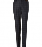 Stylish pants made of fine, dark grey plaid wool - Fashionable, slim and straight cut with pleats - Side pockets, welt pockets with buttons at back - Favorite everyday pants for the office with a blouse and blazer or cardigan, and with heels or flats