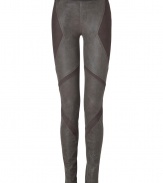 Build the foundations of your urban-cool wardrobe with Helmut Langs trend-favorite dusty olive patchworked leggings, perfect for pulling together modern-minimalist looks - Geometric patchworked lambskin, faux fly front, black elasticized waistband, back slit pockets - Pair with edgy knits and sleek ankle boots