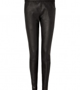 Statement-making leather pants create an edgy look - Lizard embossed black leather, side slit pockets, back pockets with exposed zippers, elasticized waistline - Extra form-fitting, slim leg - Pair with oversized printed tops and sexy ankle boots