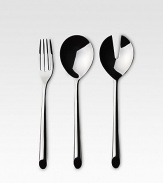 A set of elegant serving pieces are crafted with supple, organic shapes in dishwasher-safe 18/10 stainless steel. Set includes a serving spoon, slotted serving spoon and serving fork. 3 total pieces 18/10 stainless steel Machine wash Imported 