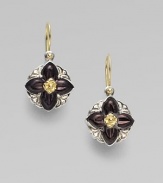 From the Iris Collection. A floral design set in sterling silver with 18k gold details. Sterling silver 18k gold Drop, about 1 18k gold ear wire Imported 