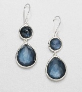 From the Wonderland Collection. Rich, faceted indigo doublets set in hammered sterling silver in a snowman drop design. Indigo doubletSterling silverDrop, about 1.8Hook backImported 