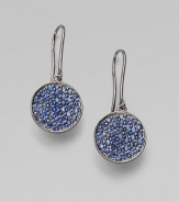 Discs of 14k white gold boast rich clusters of sparkling, vibrant blue sapphires.Sapphire 14k white gold Diameter, about ½ Ear wire Made in USA