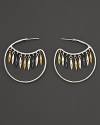 From Gurhan, a hammered white silver hoop earring with winking eye design featuring nine dangling beads in 24 Kt. yellow gold, white silver and dark silver.