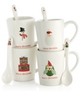 Treat your guests to a cup of hot chocolate as they come in from the cold. They will appreciate the gesture and delight in the Christmas Cut-Outs mugs, each with its own adorable holiday design and coordinating spoon.