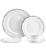 New traditions begin with the Adelaide Platinum place setting from Mikasa. Sumptuous platinum and elegant shaping in white bone china make any occasion special.