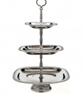 Three tiers for Godinger. Elevate tiny sandwiches, fruit and scones with opulent silver-plated serveware. Square plates with beaded edges define a stand that radiates grace and sophistication.