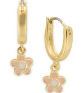 Petals with panache! Lily Nily's children's drop hoop earrings are set in 18k gold over sterling silver with pink enamel flowers adding a whimsical and stylish touch. Item comes packaged in a signature Lily Nily Gift Box. Approximate drop: 3/4 inch. Approximate width: 1/4 inch.