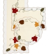 Crafted with intricate cutwork, rich embroidery and suede detail, this easy-care Sterling Forest tablecloth captures the crisp, unmistakable cool of fall. (Clearance)