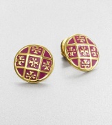 A colorful style in glossy enamel with an iconic logo pattern. Enamel16k goldplated brassSize, about .5Post backImported 