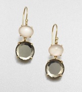 From the Rock Candy® Collection. Faceted pyrite doublet and peach moonstone cabachon set in radiant 18k gold with a pretty drop design. 18k goldPyrite doubletPeach moonstoneDrop, about 1.3Hook backImported 