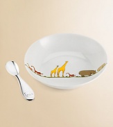 An adorable set destined for a special place in your family for decades to come. Whimsical hippos, giraffes and monkeys enrich a fine porcelain bowl, while a hippo details the gleaming silver spoon. From the Savane collection Bowl, 7¼ diam. Spoon, 5 long Bowl is dishwasher safe Made in France 