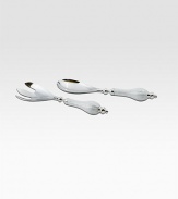 A pair of servers that highlight fresh salads and more, handcrafted in sandcasted metal with an opalescent, crushed mother-of-pearl enamel. Food safe Engraved signature Each, 11 long Hand wash Imported 