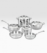 The perfect choice for home cooks features 10 essential pieces that turn everyday family meals into multi-course feasts. A three-layer design ensures optimal heat with a pure aluminum core surrounded by pure stainless steel. Heat Surround technology allows heat to be evenly distributed along the bottom and side walls of the cookware. Set includes: saucepan with cover, saut&233; pan with helper handle & cover, Dutch oven with cover, stockpot with cover and two French skillets.