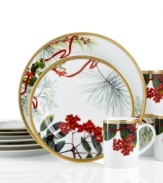 A new holiday classic, the Holly Berry dinnerware set features filigree-patterned gold and beautiful Christmas botanicals in elegant white porcelain. Complements Charter Club's Grand Buffet Classic Gold and Red Rim dinnerware.