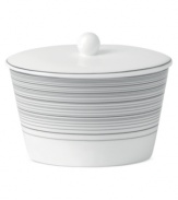 Band together around dinnerware that's equally suited for every day and entertaining. Clean lines and shades of gray in white bone china define the Islington sugar bowl with easy sophistication. From Royal Doulton.