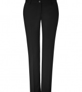 Stylish pant in fine, synthetic fiber and wool stretch blend - Classically elegant in black with subtle, monochrome pin stripe - Modern silhouette is slim and crops at ankles - Pleat detail at front and back extends from hip to hem, lengthening and flattering the leg - Button closure and belt loops - Welt pockets at rear - A sleek, sophisticated go-to for day and evening - Pair with a silk or sequin blouse, a blazer and platform pumps