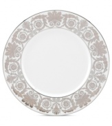 Fine dining will flourish with the Artemis accent plate from Lenox. A rich floral pattern and wide bands of sumptuous platinum in white bone china embody classic elegance.