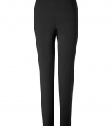 Stylish pants in fine black wool are a must-have wardrobe basic - Incredibly comfortable and flattering thanks to a hint of stretch - Features fashionable, slim and straight cut with flat front and side zip pockets - A million combinations for work or after hours - For business with a blouse and blazer, and for evening with a sexy top and non-stop heels