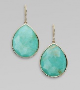 Double layer teardrops combine softly hued turquoise with rutilated quartz, creating a distinctive depth and unique surface, in a setting of polished gold.TurquoiseRutilated quartz18k yellow goldLength, about 1½Ear wireImported