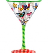 Create a festive party atmosphere the distinct pop art that adorns Romero Britto's martini glass. Hearts, dots and stripes scream fun on your table and also on display.