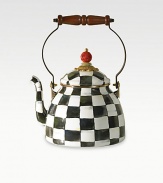 A charming kettle with a steel underbody, covered in a handpainted checkerboard juxtaposition of ivory and onyx with a bronzed stainless steel handle. Wood handle with brass accent, bone disk and faux-cinnabar bead Enameled steel 2-quart capacity 10½H X 7 diam. Hand wash Imported