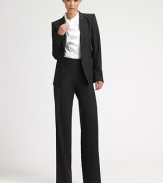 Smooth stretch wool pants with wide, straight legs.Wide waistband with hook-and-eye Belt loops Flat front with zip closure Inseam, about 35 96% virgin wool/4% elastane Dry clean Imported