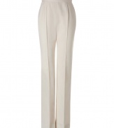 Luxe ivory pants in fine wool stretch - new wide leg silhouette - with pin tuck seam (works like pleats) - the Look: ladylike, respectable, but trendy at the same time - sits high at the waist - a dream basic in luxurious, really wonderful quality - for many occasions from the office to art exhibit previews - best worn with slim tops that can be tucked in - a MUST: high heels - wear with a blazer, trench coat