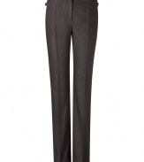 Luxurious pants in fine, grey wool stretch - New straight silhouette with a short waistband - Figure-flattering creases - Wonderfully elegant and fashionable, yet simple -  Awesome 24/7 wear - Wear these pants with a blouse and cardigan in the office and in the evening with a chiffon blouse and biker jacket