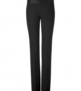 Elegant trousers in fine black stretch wool blend - Wide waistband has a chic, satin-like finish - Side zip, two hip pockets and slit pockets at rear - Modern silhouette and slim cut - Straight leg with flattering crease detail - Chic and polished, ideal for the office and cocktails - Pair with blazers, cropped leather jackets or cashmere pullovers and platform pumps