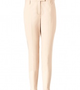 Stylish pant in fine, beige cotton stretch blend - On-trend, modified chino cut with straight legs and chic zipper embellishment at hem - Crease detail at front flatters and elongates the silhouette - Tab waist and belt loops - Slash pockets at sides, welt pockets at rear - Medium low rise - Classically chic and comfortable, ideal for both work and play - Pair with a blouse, blazer and heels, or go for a more casual look with a t-shirt oversize cardigan and ballet flats