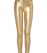 Channel your inner rock goddess in these curve-hugging gold leather pants from Faith Connexion - Seam-detailed waistband, side details, and back, cropped fit, slim silhouette - Pair with an asymmetrical hem blouse, sky-high platforms, and a statement satchel