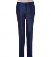 Add instant sophistication to your look with these luxe tuxedo-style silk pants from Marc by Marc Jacobs - Contrasting wide waistband with button tab details, front crease, on-seam pockets, back welt pockets with buttons, slim fit - Pair with a sheer blouse, platform pumps, and a statement clutch